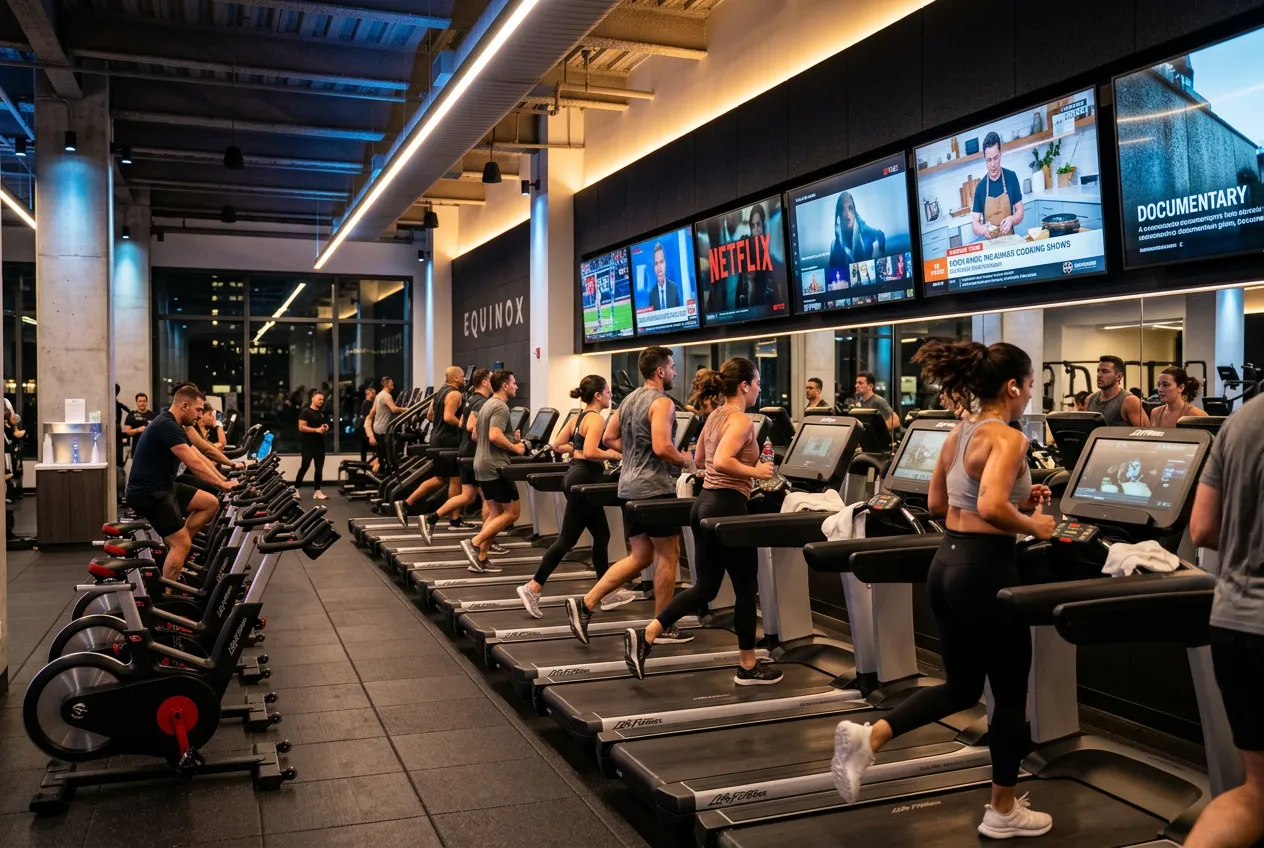 Modern gym cardio zone with multiple TVs streaming sports, news and Netflix