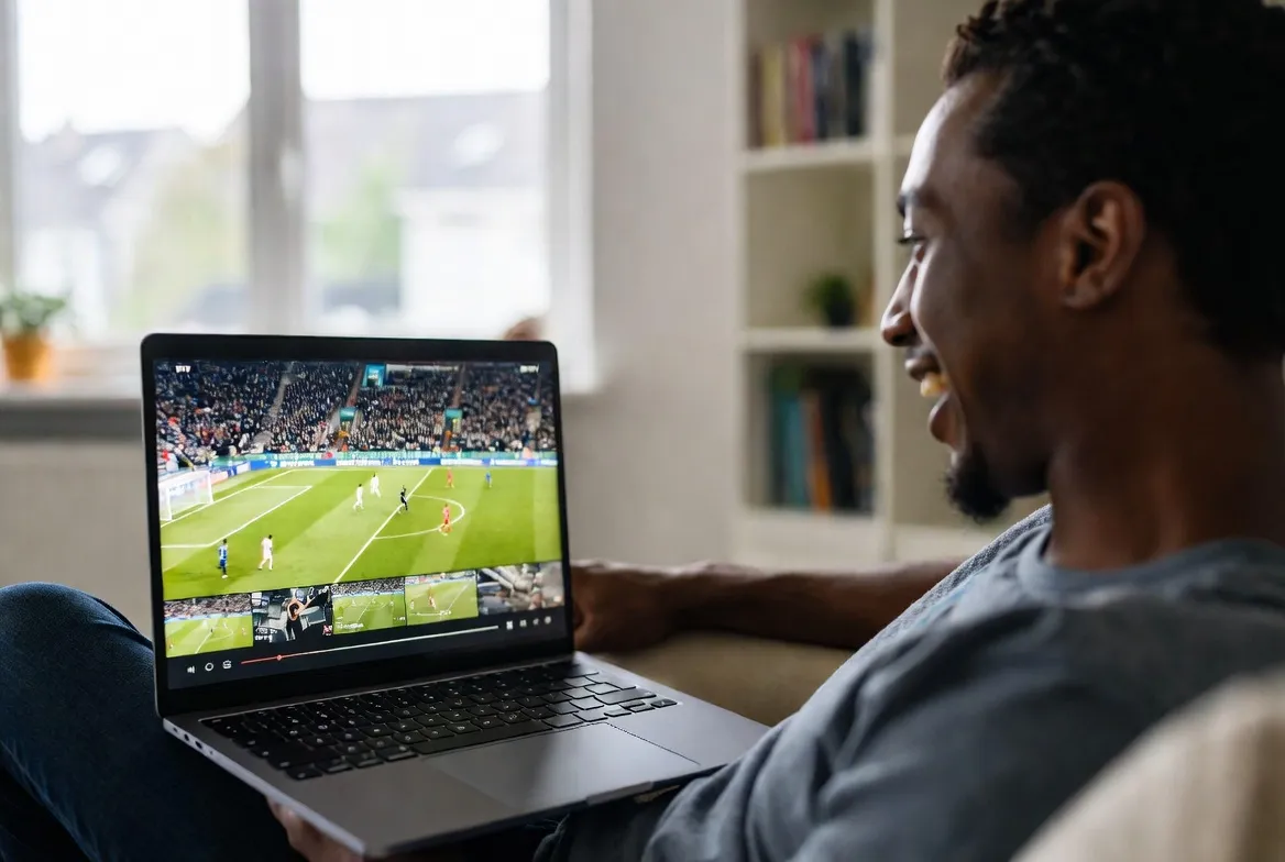 Sports fan watching live football on a laptop via IPTV