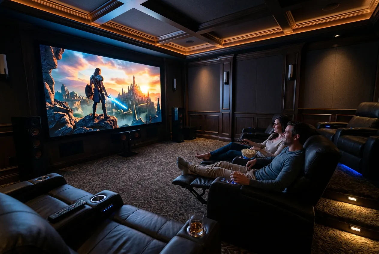 Luxury home theater with couple watching 4K HDR movie on a giant projector screen