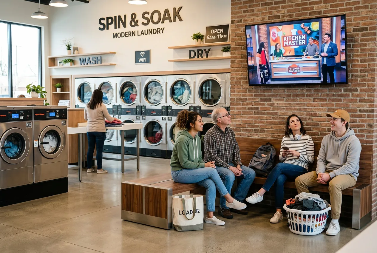 Modern laundromat with customers watching cooking show on wall TV