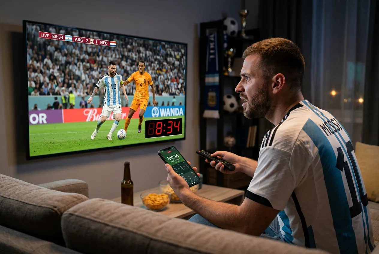 Football fan watching live match in sync with phone betting app