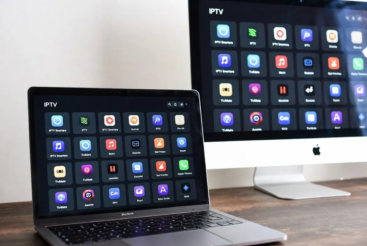 IPTV apps shown on MacBook and iMac for macOS streaming setup