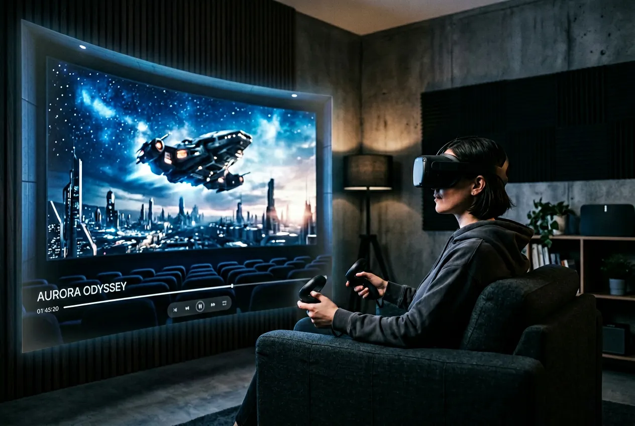 Woman wearing Meta Quest 3 VR headset watching a giant virtual cinema screen