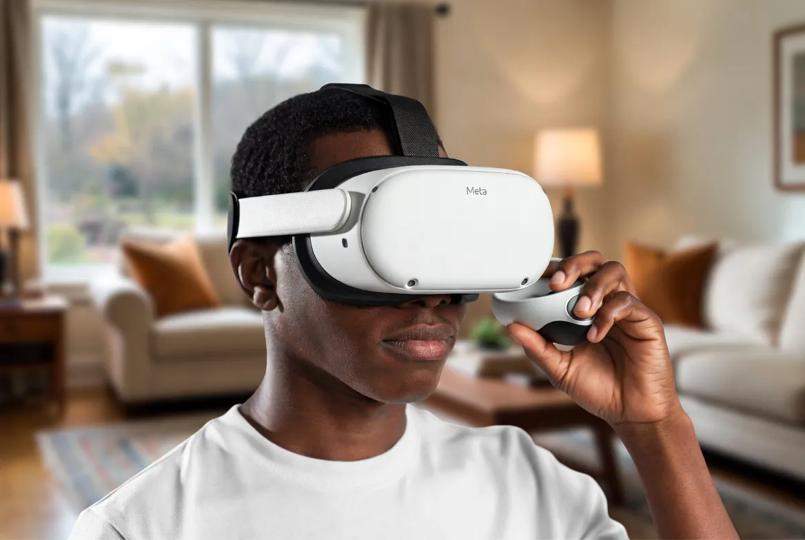 Person wearing a Meta Quest 3 headset streaming IPTV in a virtual living room