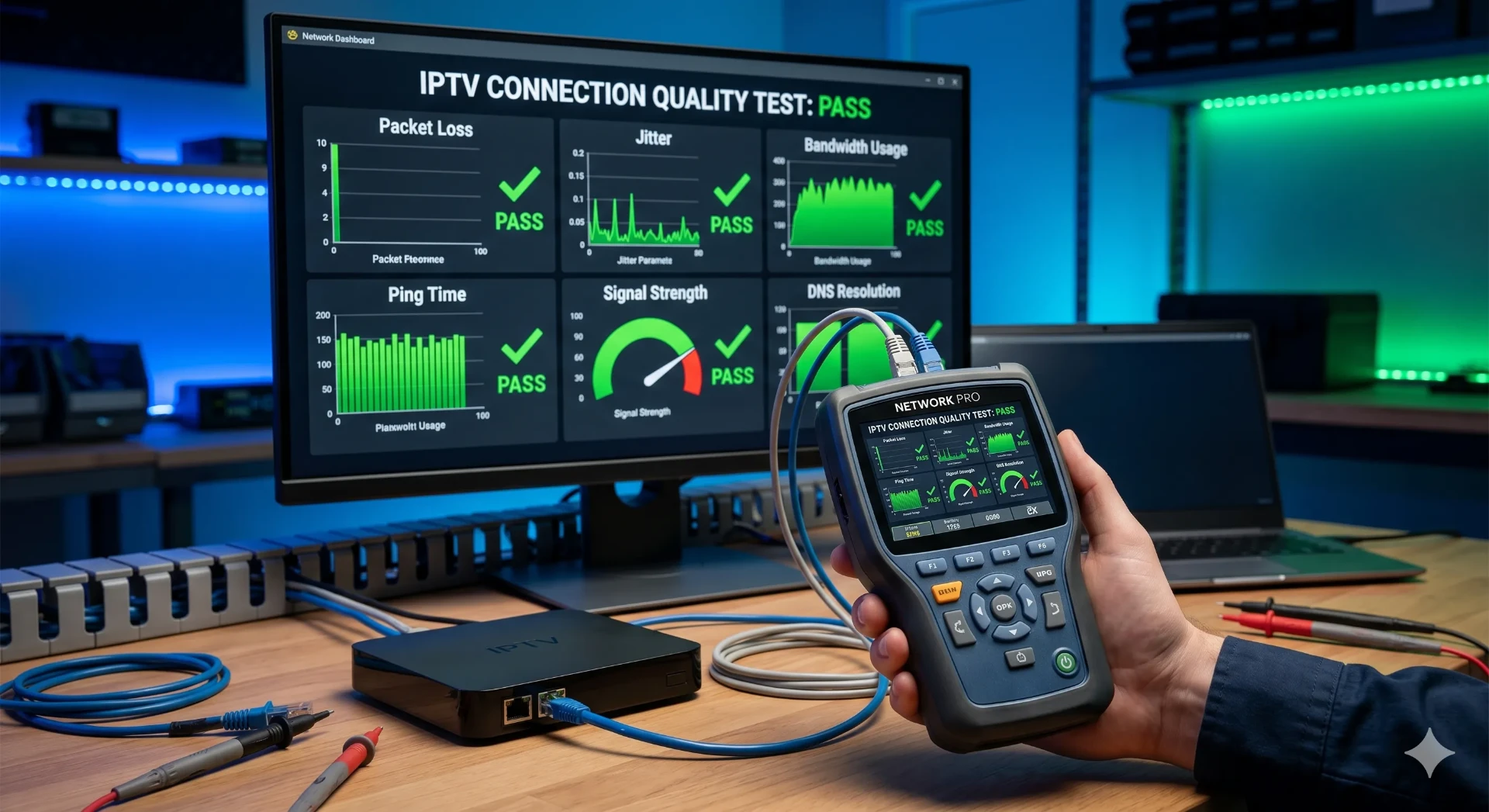IPTV connection quality test dashboard showing packet loss, jitter and bandwidth
