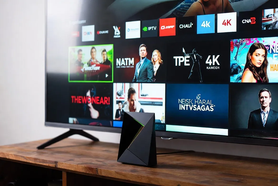 Nvidia Shield TV streaming IPTV in 4K on a wall-mounted television