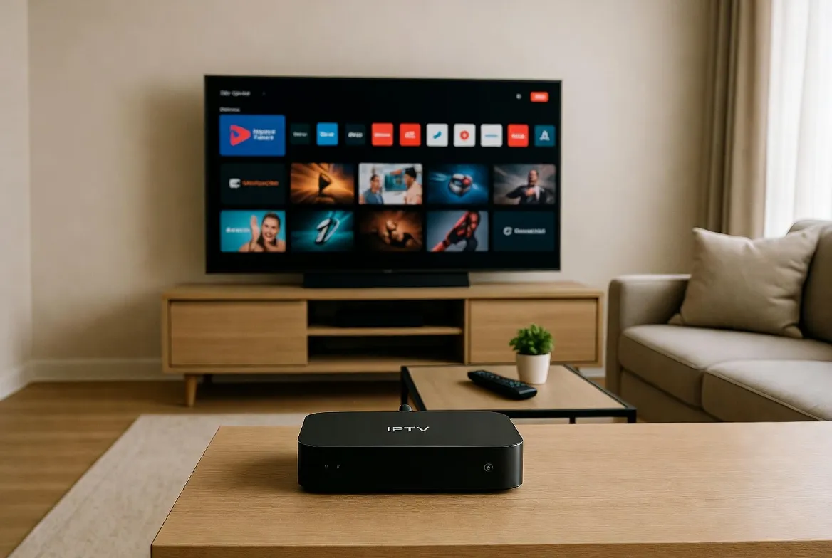 Modern living room with IPTV box outperforming 300 dollar per month cable bundle