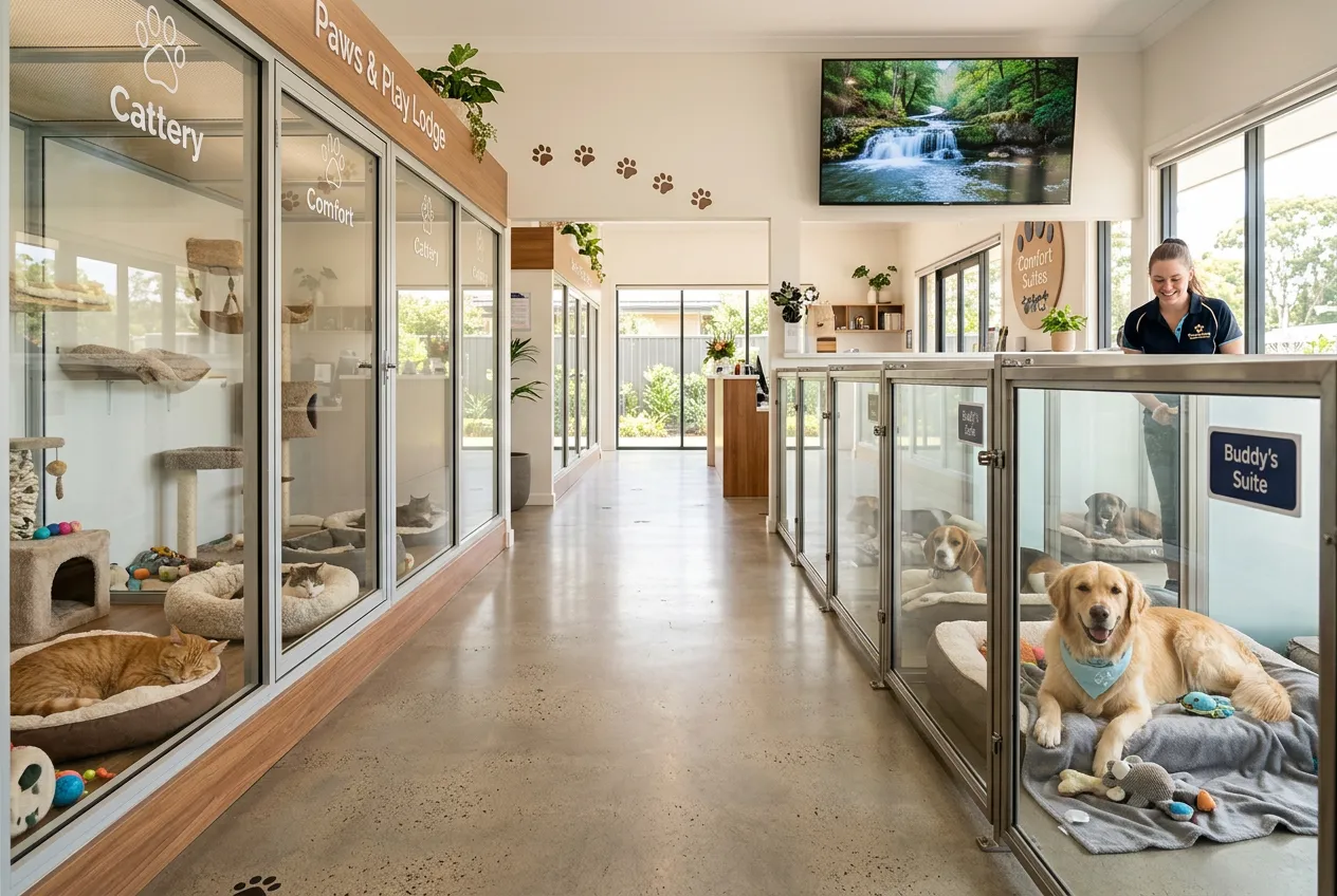 Modern pet boarding facility with calming nature TV in dog and cat suites