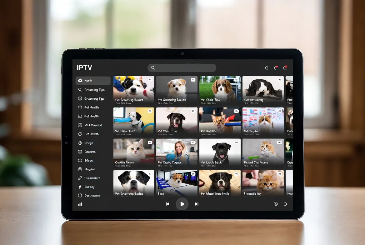 Tablet showing pet-themed IPTV content for grooming salons and vet clinic waiting rooms