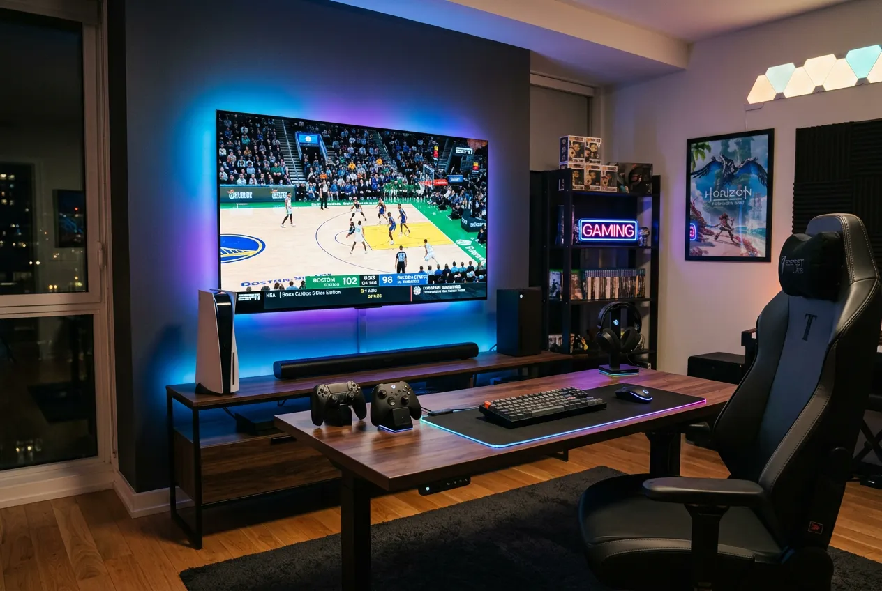 Gaming setup with PS5 and Xbox streaming live NBA on a 4K HDR TV
