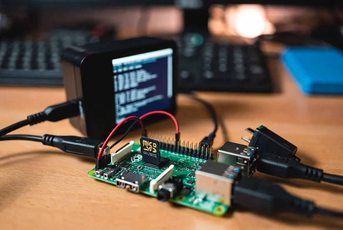 Raspberry Pi single-board computer set up as a DIY IPTV streaming box