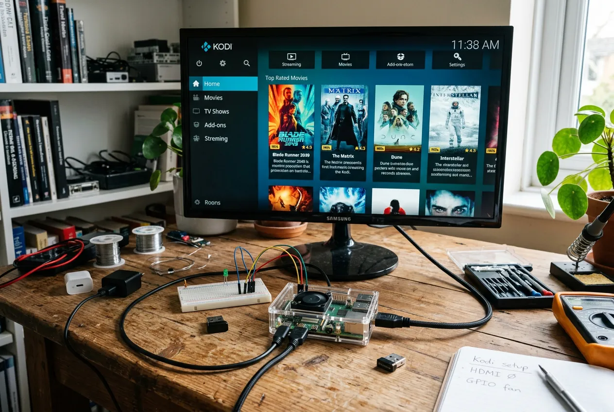Raspberry Pi running Kodi IPTV interface on a desk with electronics components