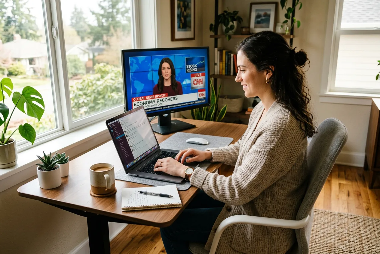 Remote worker at a home desk with CNN streaming on a second monitor