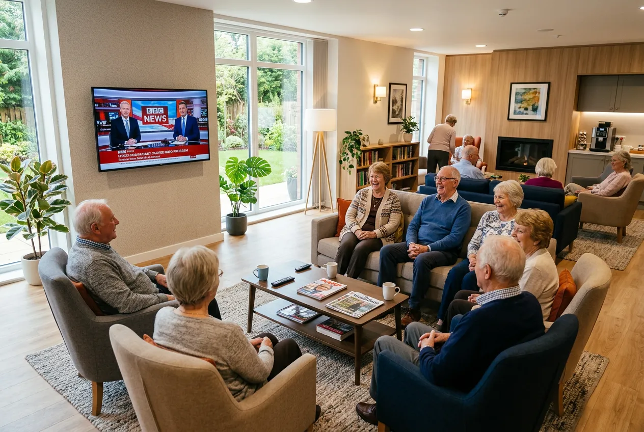 Retirement community common room with seniors watching BBC News together