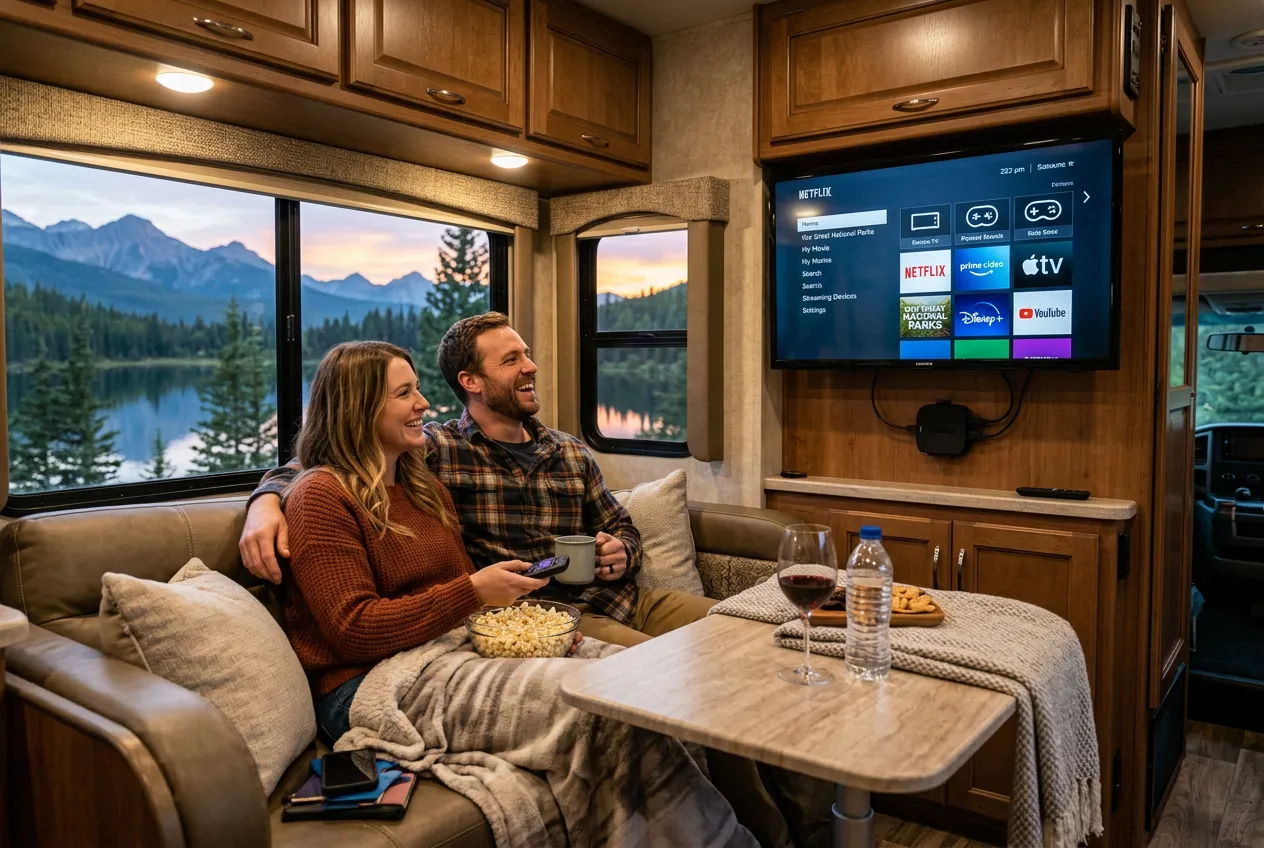Couple streaming IPTV in an RV parked beside a mountain lake