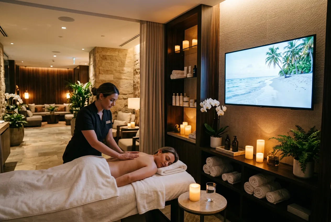 Spa treatment room with IPTV displaying relaxing tropical beach scene