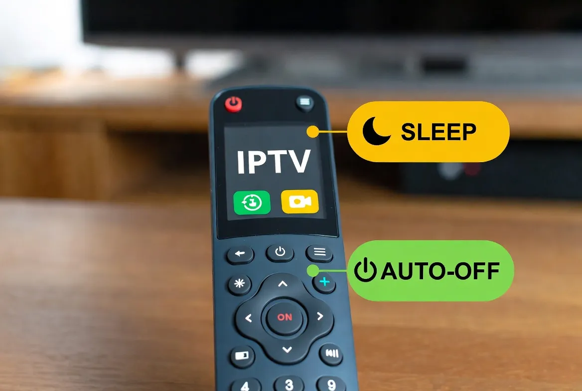 IPTV remote with sleep timer and auto-off smart features highlighted