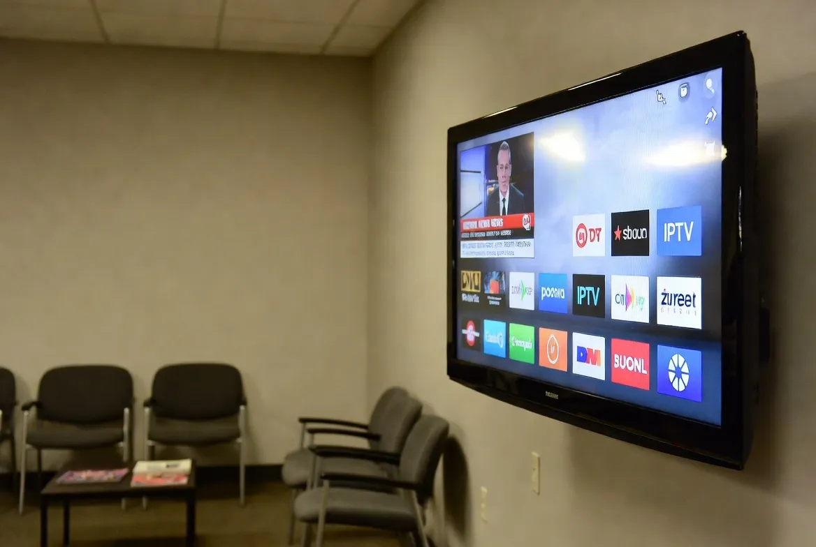 IPTV running on a TV in a small business waiting room without cable