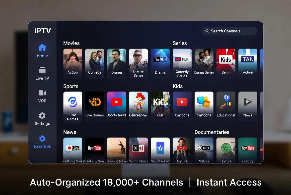 IPTV smart playlists auto-organizing 18,000+ channels by category