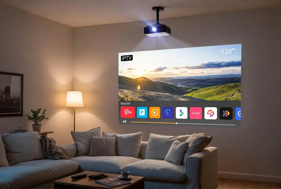 Smart projector beaming a 120-inch IPTV image onto a living room wall