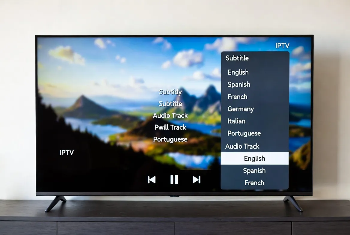 TV showing an IPTV menu with subtitle and audio track language options