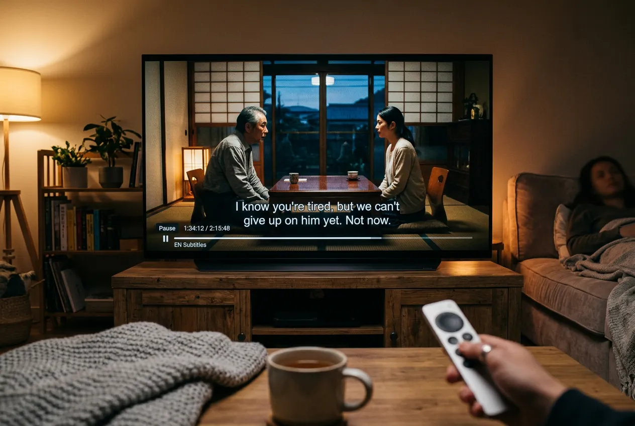 TV showing Japanese drama with English subtitles in cozy living room