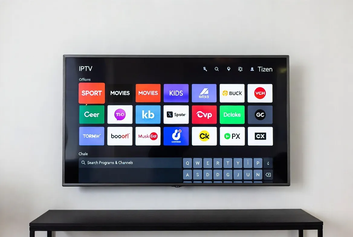 Samsung Tizen OS smart TV showing IPTV app channel grid and search keyboard