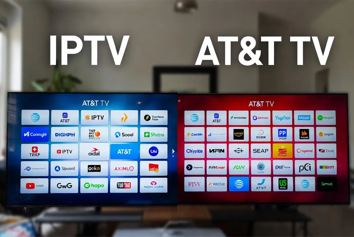 Side-by-side TV screens comparing IPTV and AT&T TV channel lineups