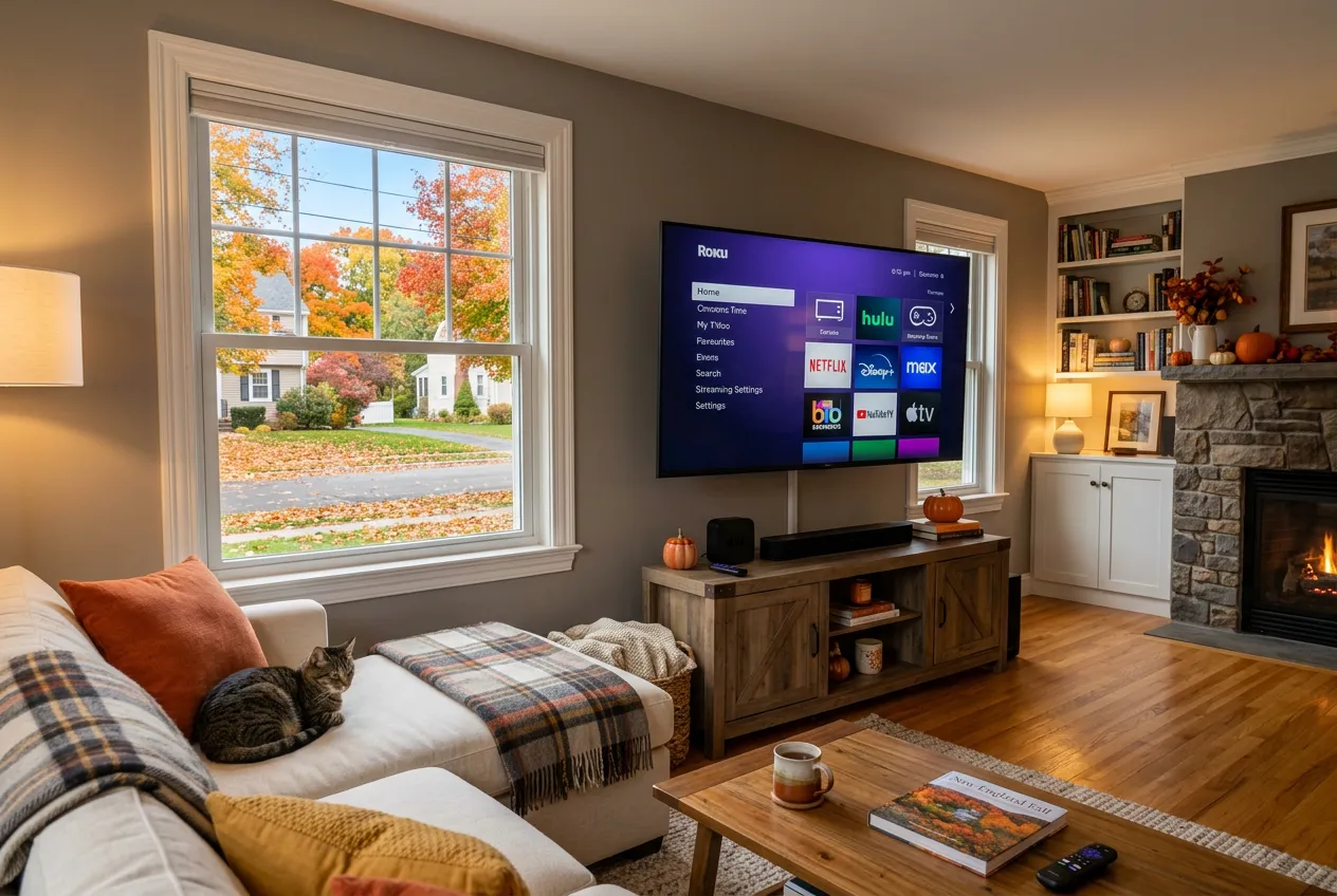 Cozy New England living room with IPTV streaming on Roku as Breezeline alternative