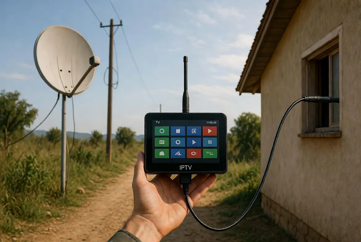 Handheld IPTV device next to old satellite dish in rural setting — no infrastructure needed