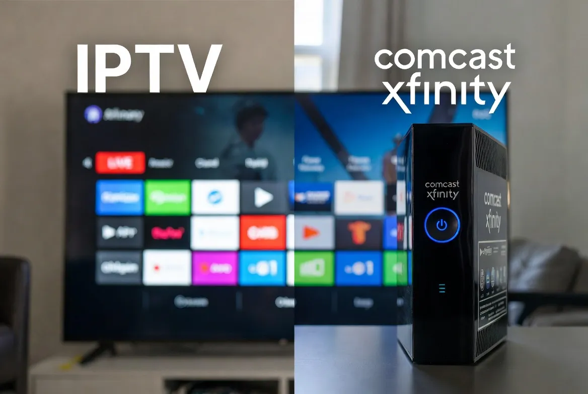 IPTV vs Comcast Xfinity comparison — cable box next to smart TV streaming IPTV