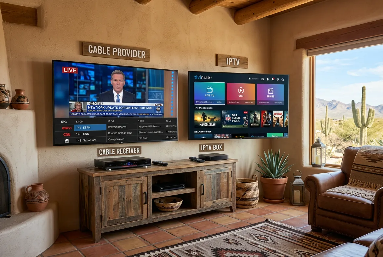 Side-by-side comparison of Cox cable receiver vs IPTV box