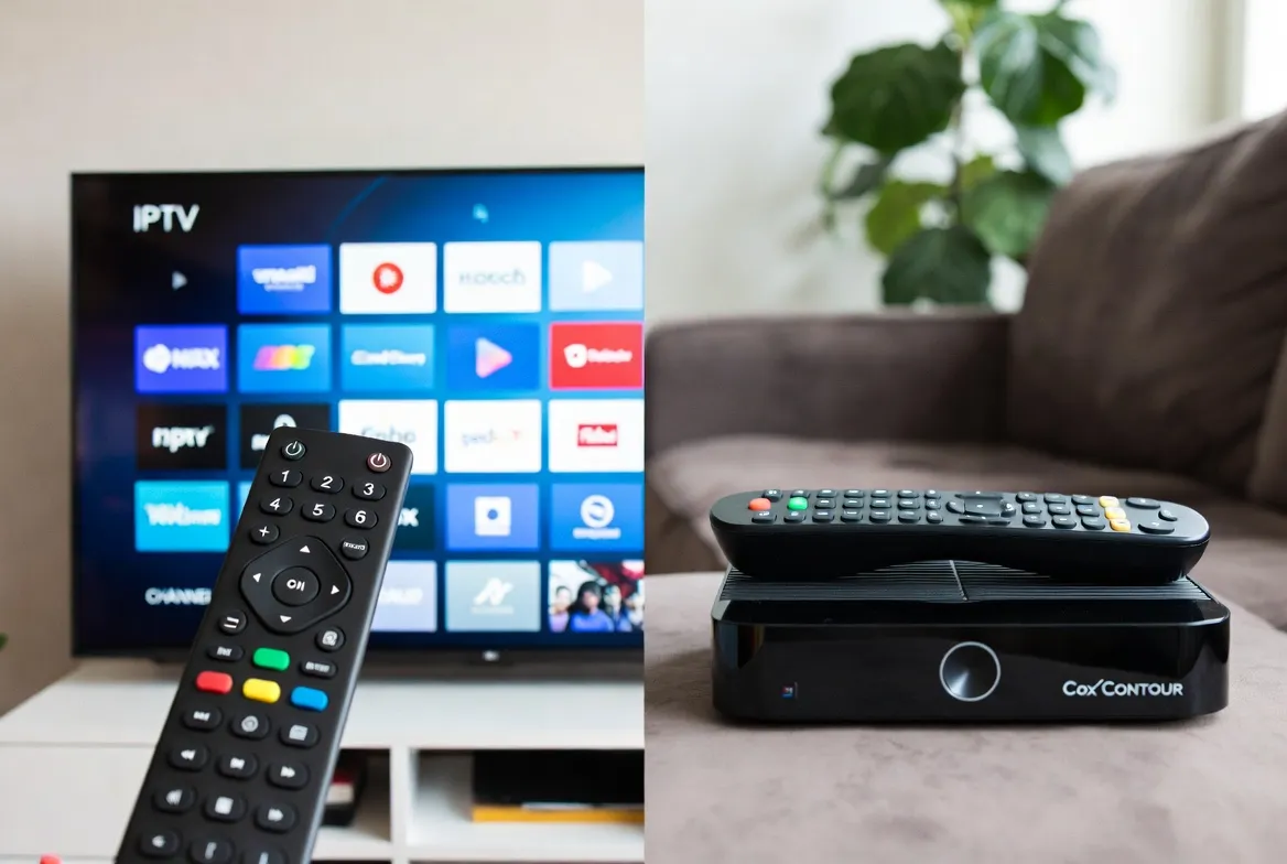 IPTV vs Cox Contour side-by-side comparison — modern IPTV interface vs Cox cable box