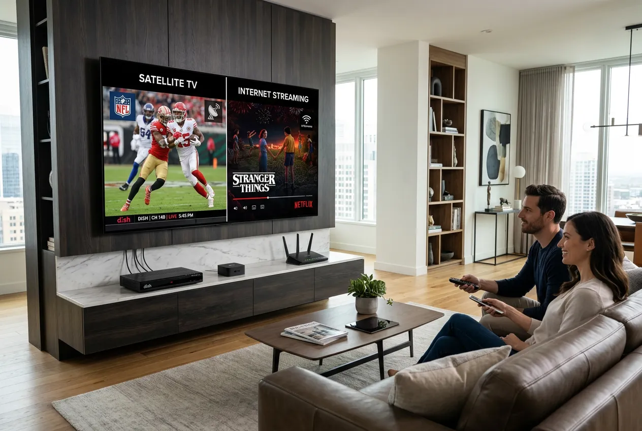 Side-by-side comparison of DirecTV satellite and IPTV streaming on a wall-mounted TV