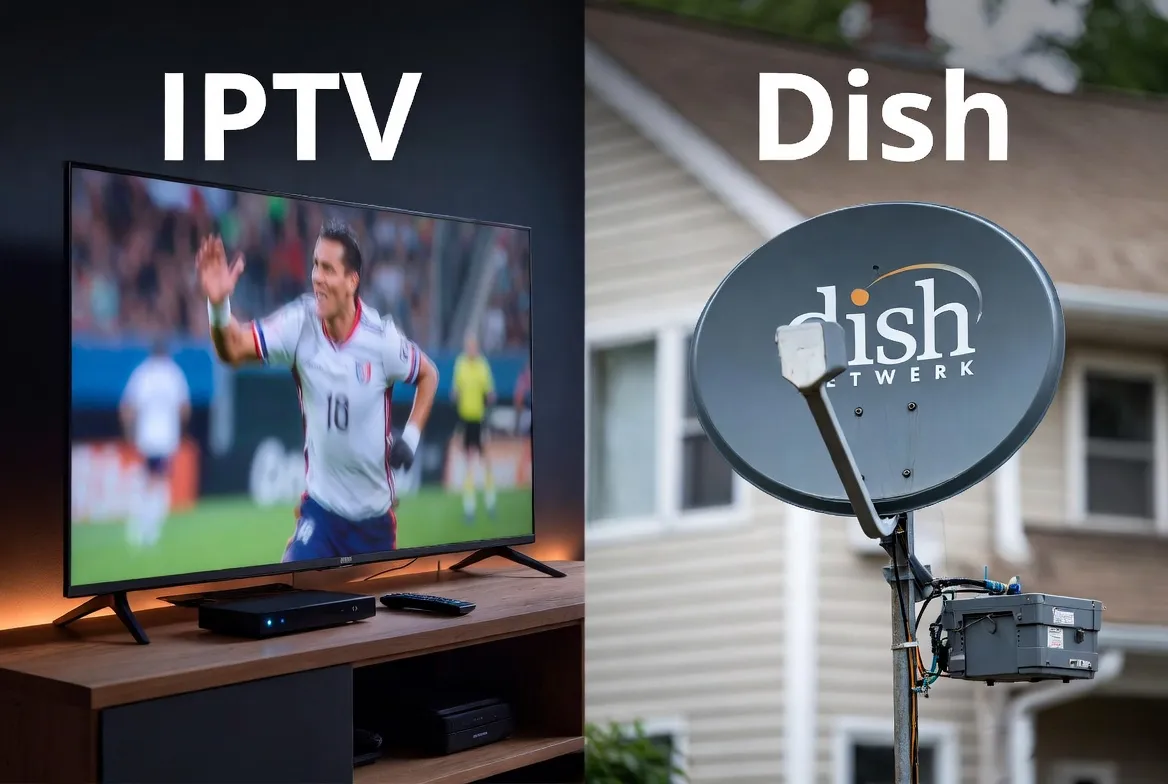 IPTV vs Dish Network 2026 comparison — modern streaming TV next to satellite dish
