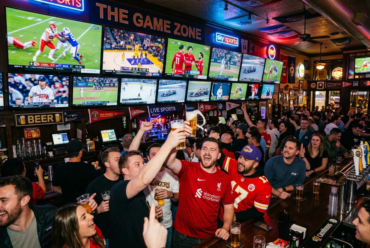 Sports bar packed with fans watching multiple games on dozens of TVs