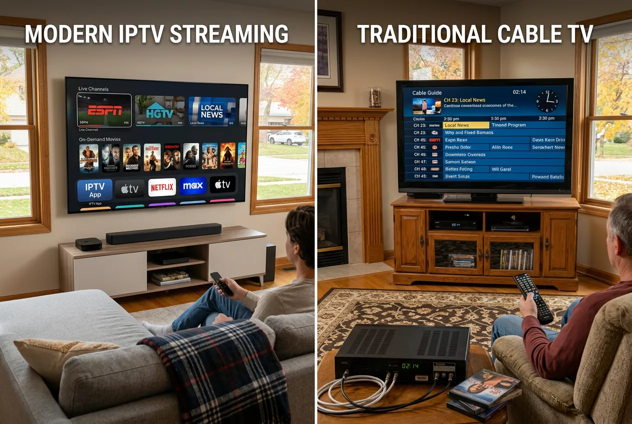 Side-by-side comparison of modern IPTV streaming vs traditional Mediacom cable TV