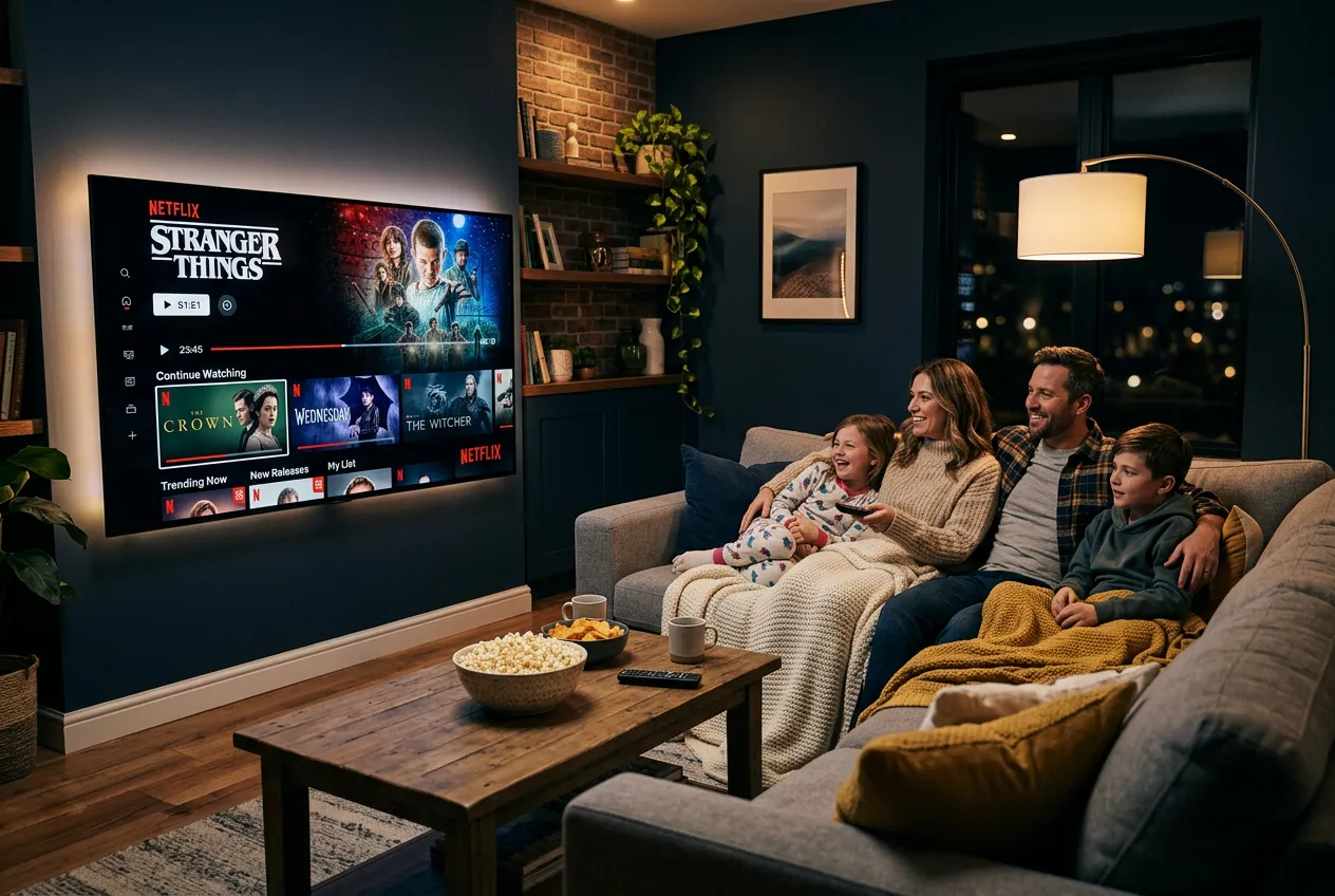 Family watching Netflix Stranger Things on a large smart TV in cozy living room