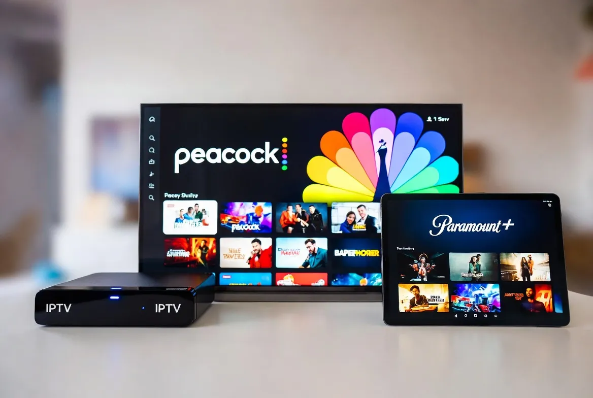 IPTV vs Peacock vs Paramount+ comparison on TV, tablet and IPTV box