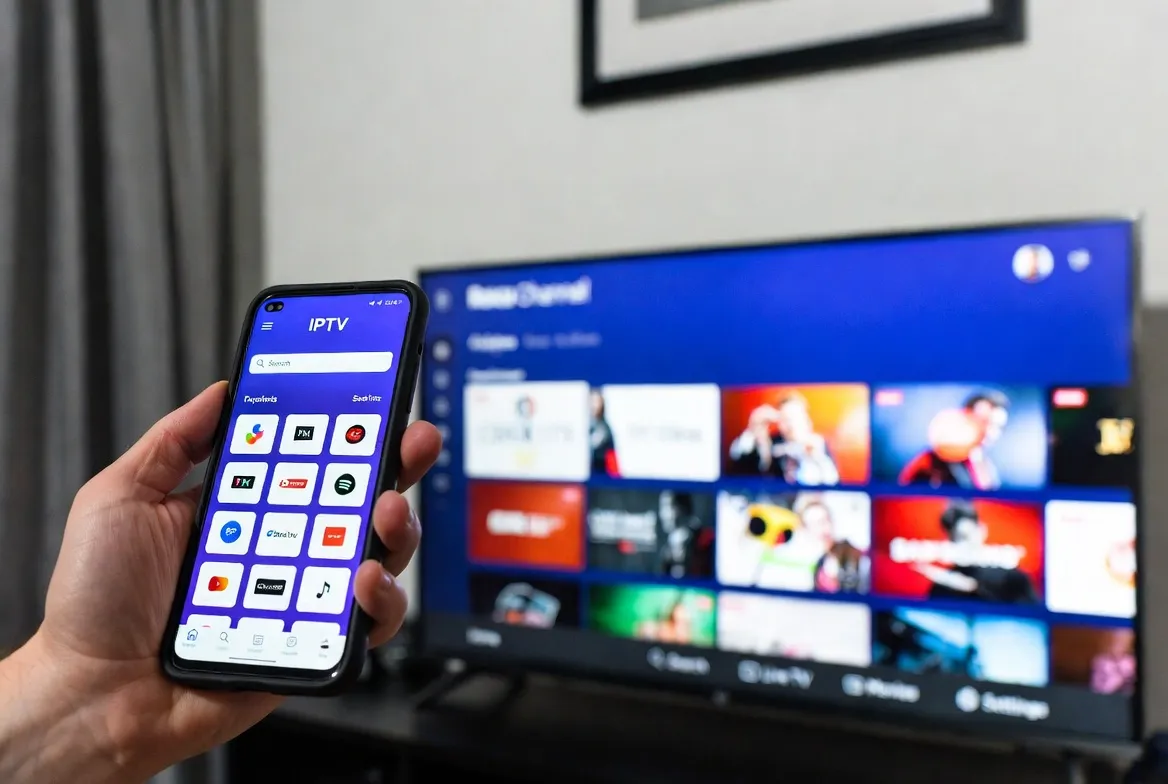 IPTV vs Roku Channel comparison — phone with IPTV app next to TV running Roku