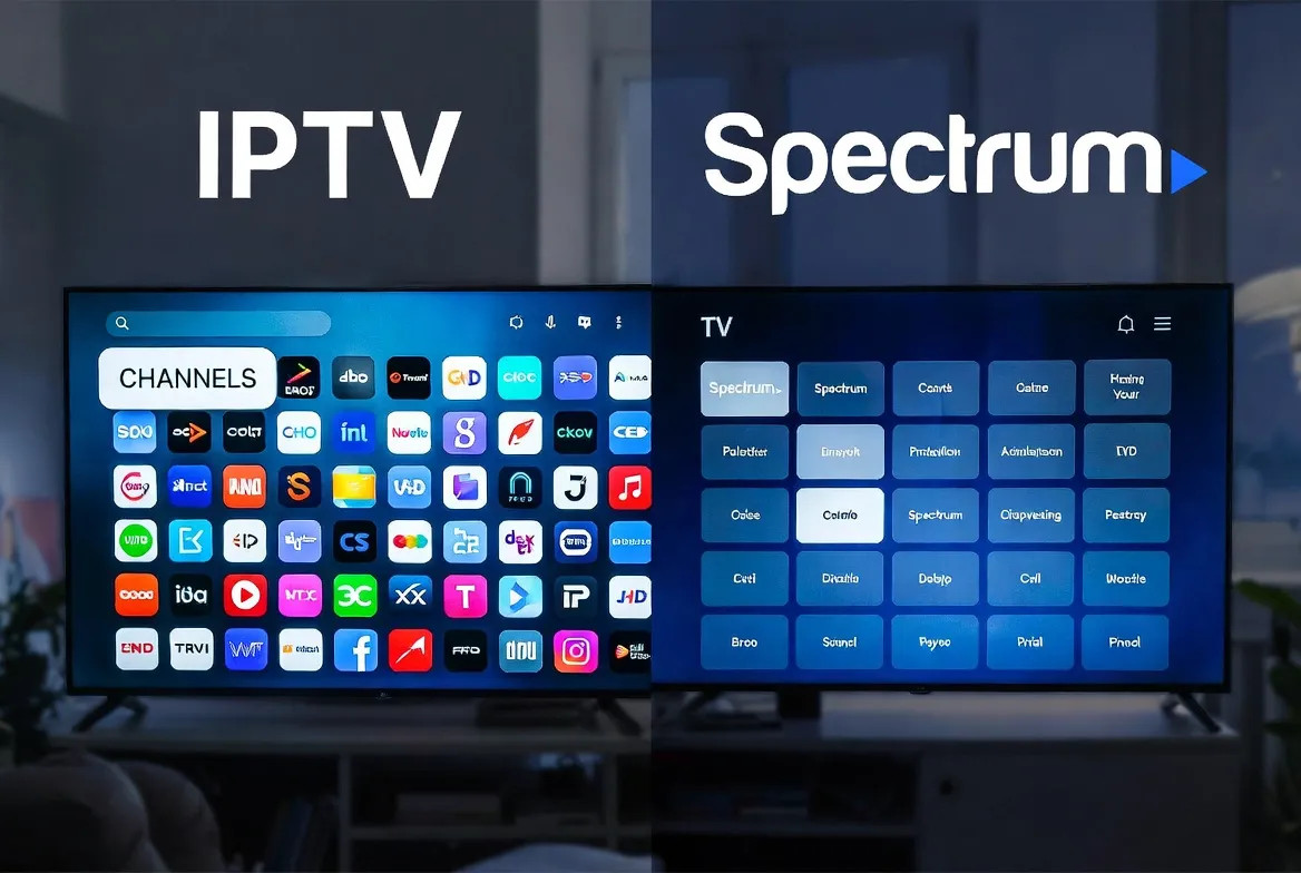 Side-by-side comparison of IPTV and Spectrum TV interfaces