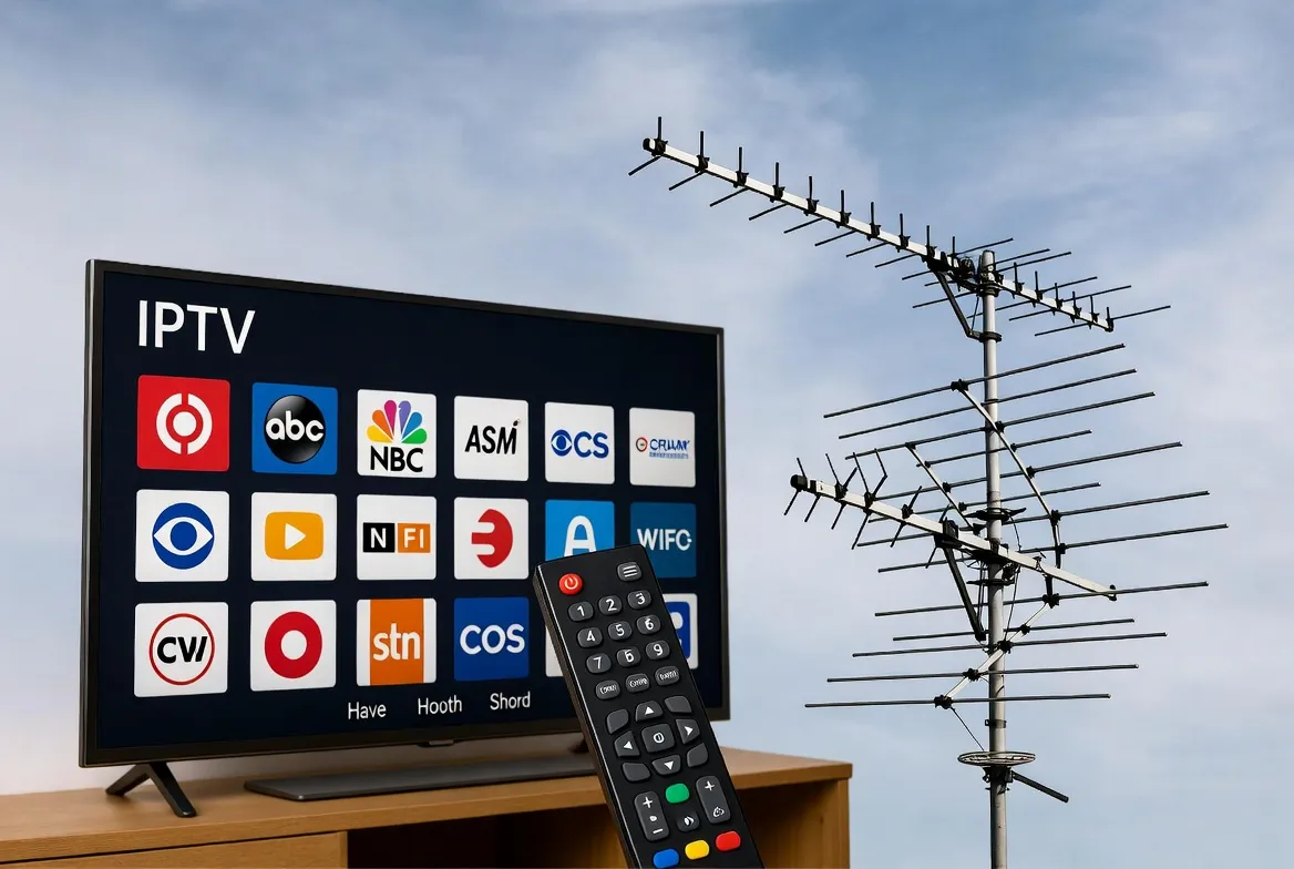 IPTV vs traditional antenna — TV with channel grid next to rooftop OTA antenna
