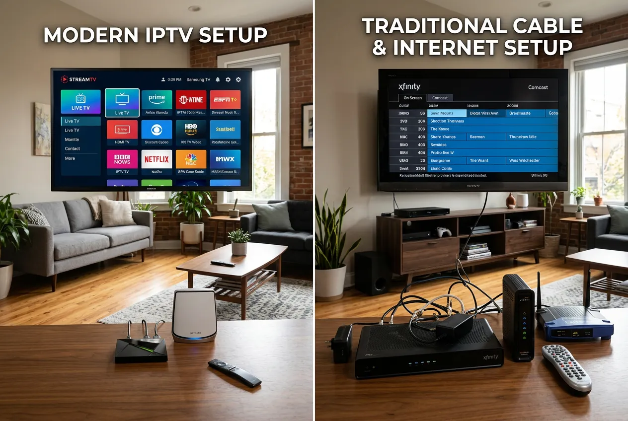 Side-by-side modern IPTV setup vs traditional WOW cable internet setup