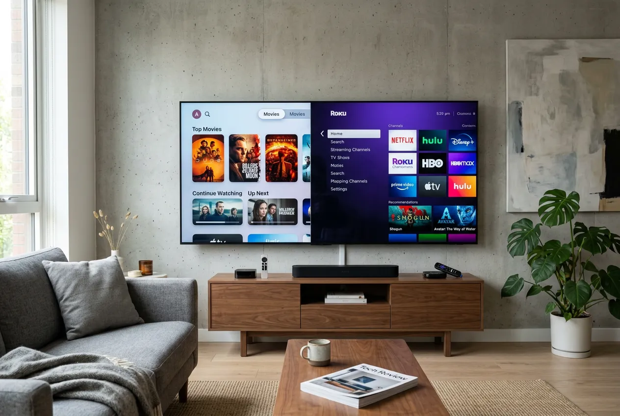 Modern living room with TV showing comparison of Xfinity Flex and Roku streaming menus