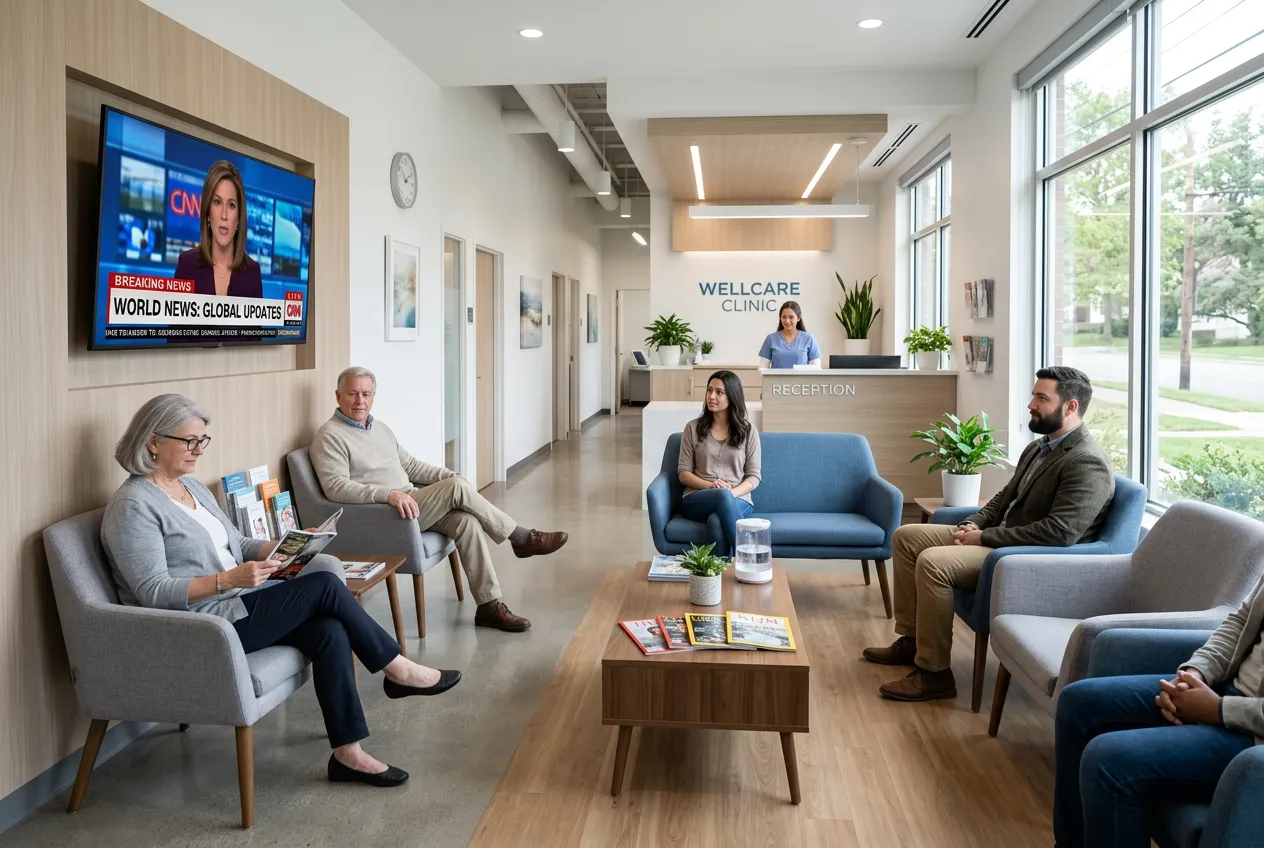 Modern clinic waiting room with patients and a wall TV showing CNN