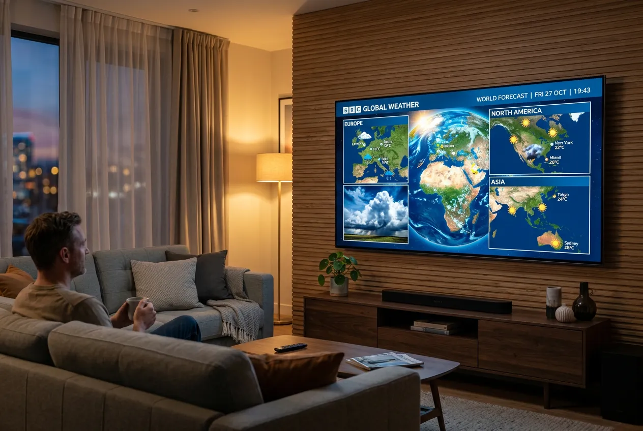 Man relaxing while watching BBC global weather forecast on a large TV