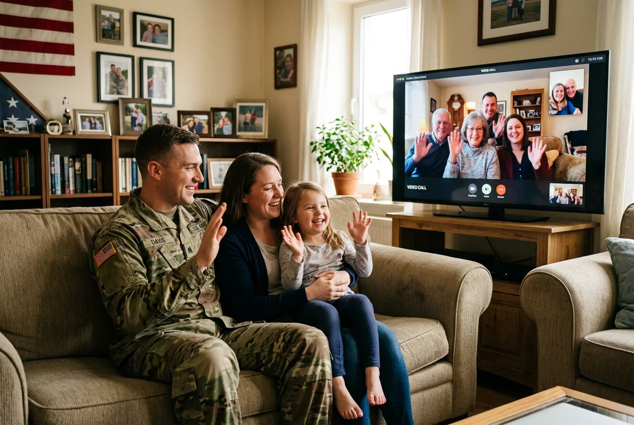 US military family video calling loved ones via IPTV abroad