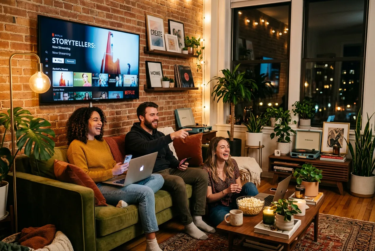 Millennials in a Brooklyn apartment streaming IPTV with friends