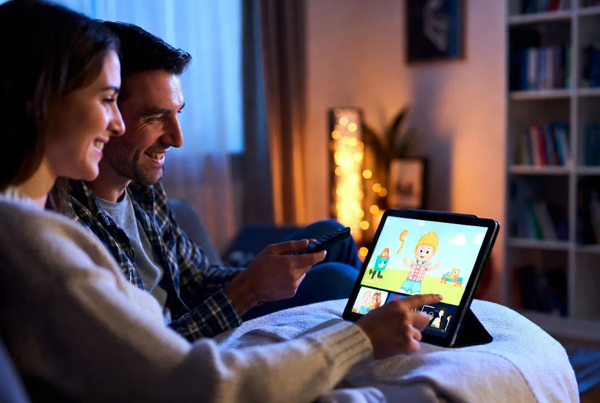 New parents enjoying baby-friendly IPTV streaming with kids' content on a tablet