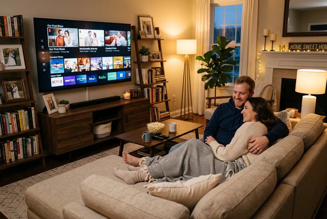 Newlywed couple cuddling on sofa watching Netflix in their first home